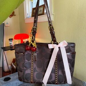 Coach Brown Shoulder Bag with Pink Ribbon